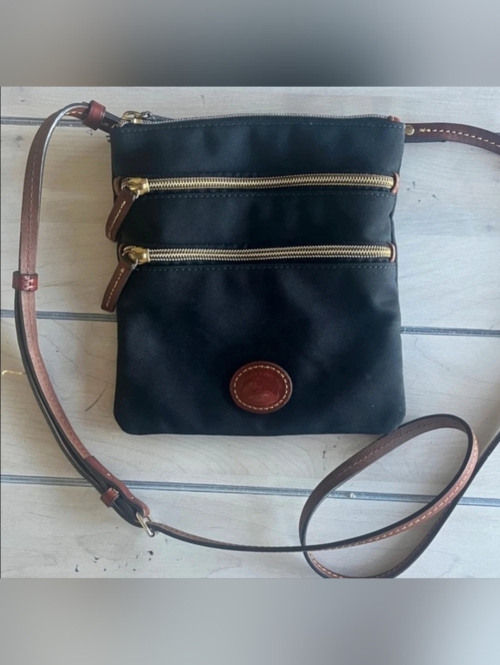 Dooney & Bourke Black Nylon Crossbody with Brown Leather Trim and Strap